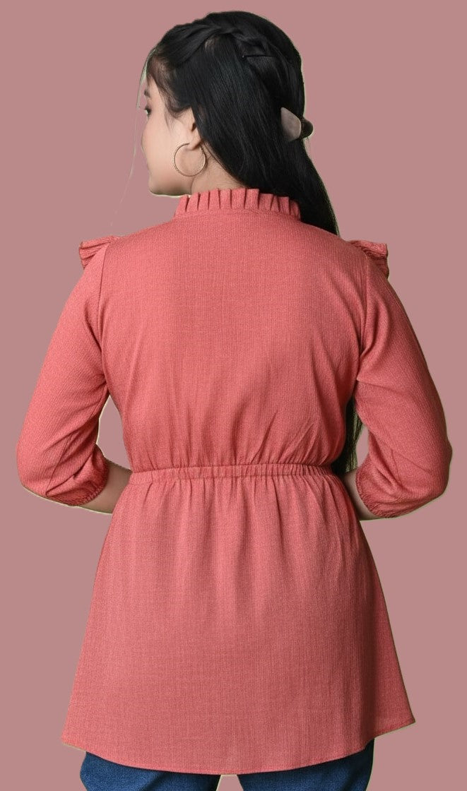 Sumistyles Girls Peach Top with Ruffle Design & Tie-Up Neck | Stylish 3/4th Sleeve Casual/Party Wear Top | Crepe fabric