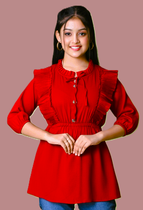 Sumistyles Girls Red Top with Ruffle Design & Tie-Up Neck | Stylish 3/4th Sleeve Casual/Party Wear Top | Crepe fabric