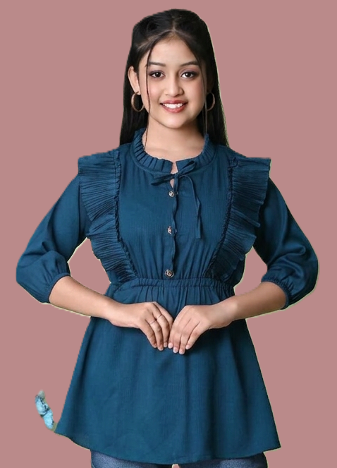 Sumistyles Designer Girls Top with Ruffles | Teal | 3/4 Sleeve | Party & Casual Wear | Crepe Fabric (Copy)